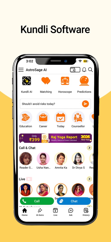 AstroSage Kundli: AI Astrology - 이 앱의 메인 화면은 'Kundli AI' 및 'Matching'과 같은 직관적인 아이콘과 하단의 'Call & Chat' 기능을 보여줍니다.