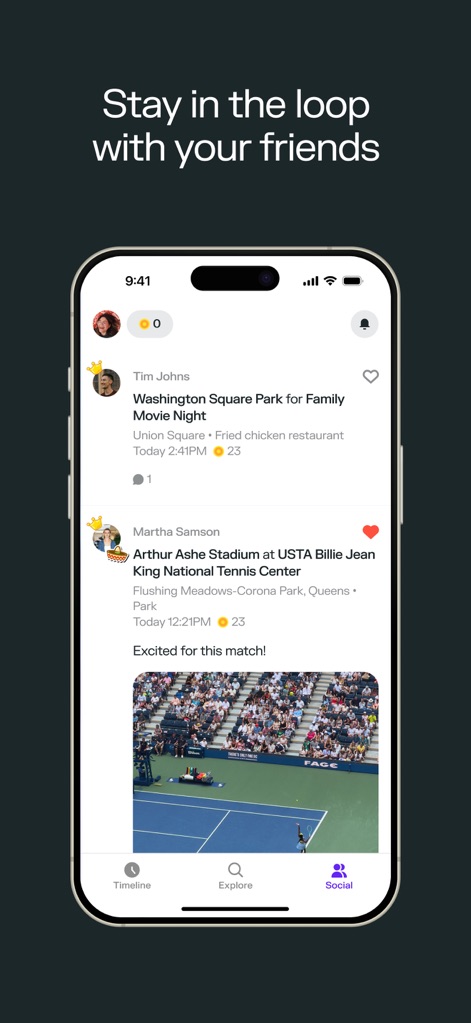 Swarm: Check In, Explore, Map - Stay informed about friends' adventures through the social activity feed, showcasing their check-ins and profile pictures alongside specific location details.