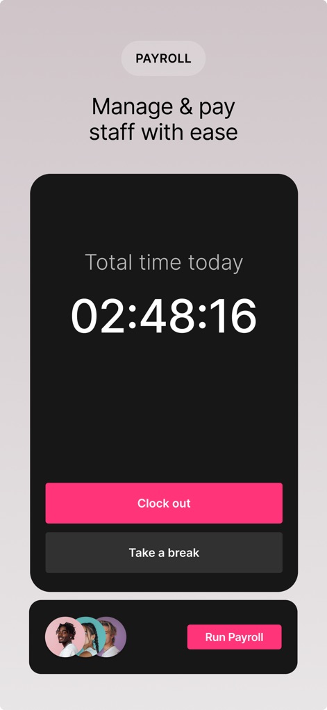 GlossGenius: Booking, Payments - Esta funcionalidad presenta un reloj de tiempo para el personal con el tiempo total trabajado y opciones claras para 'Clock out' o 'Run Payroll'.