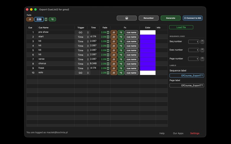 Screenshot #1 pour Export CueList 2 for gma2
