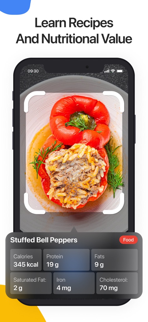 Lens Scan: Identify Anything - Gain comprehensive information on food items, displaying nutritional values like "Calories" and "Protein" for dishes such as "Stuffed Bell Peppers."