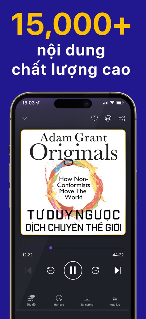 Voiz FM - Sách nói & Podcast - Experience seamless listening with advanced playback options including customizable speed settings and convenient download functionality for offline access.