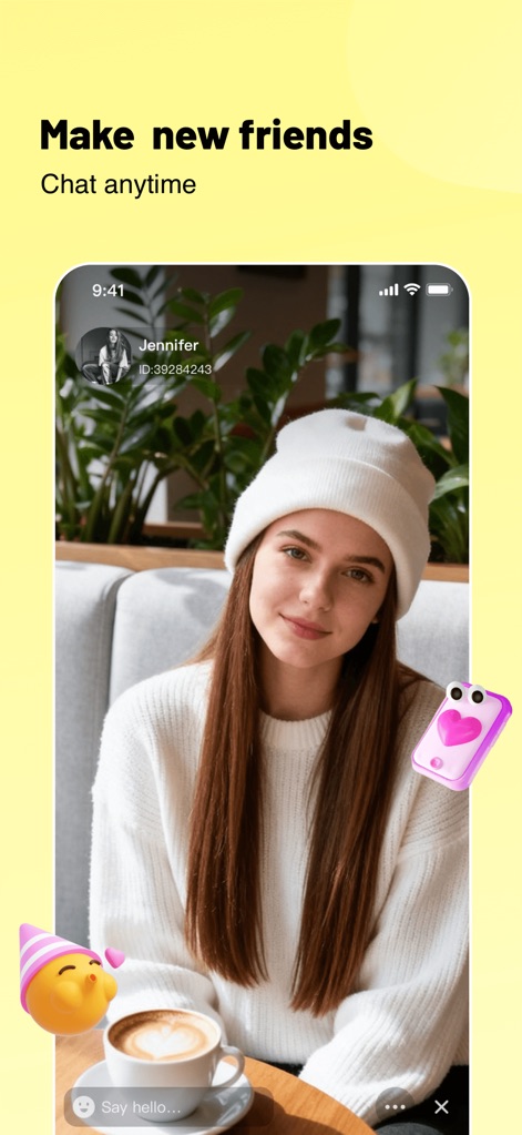 Hippo - Meet New Friends - See how the app presents full-screen user profiles and an intuitive "Say hello" chat input field for immediate connection.