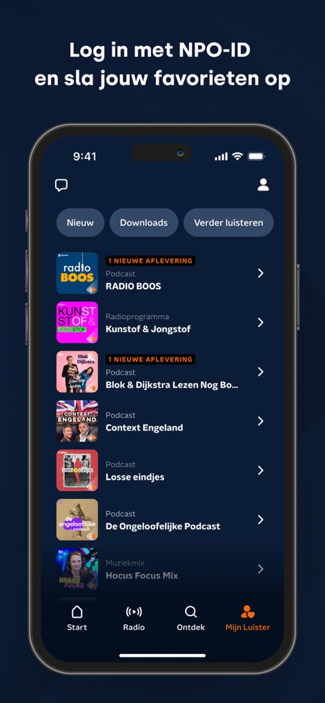 NPO Luister - La sección 'Mi Luister' proporciona un centro personalizado donde los usuarios encuentran 'Nuevos episodios' de sus podcasts seguidos como 'RADIO BOOS' y gestionan sus 'Descargas'.