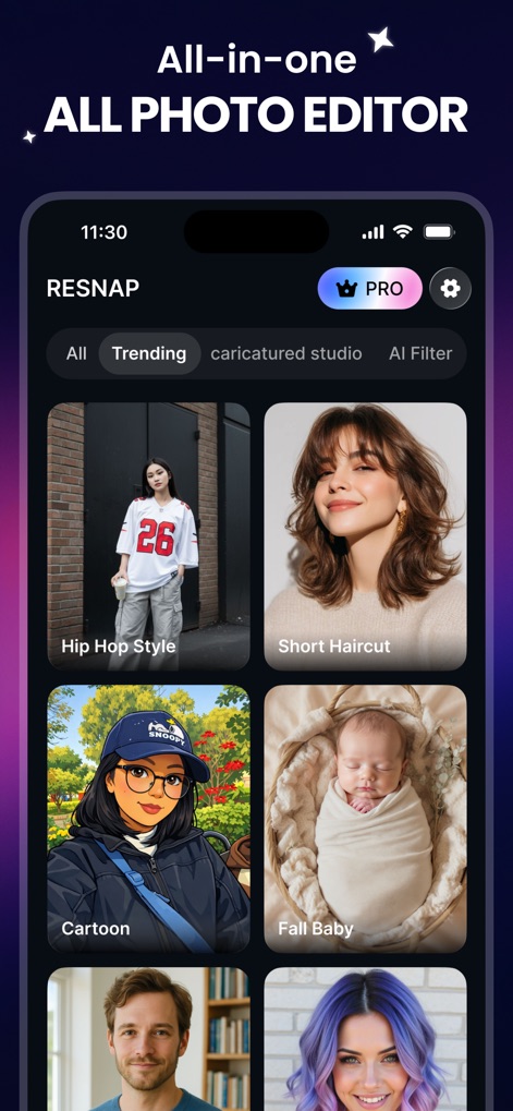 ReSnap: AI Photos & Edits - L'application offre une interface intuitive avec diverses catégories de styles comme 'Hip Hop Style' ou 'Cartoon', permettant aux utilisateurs de transformer leurs photos en un instant.