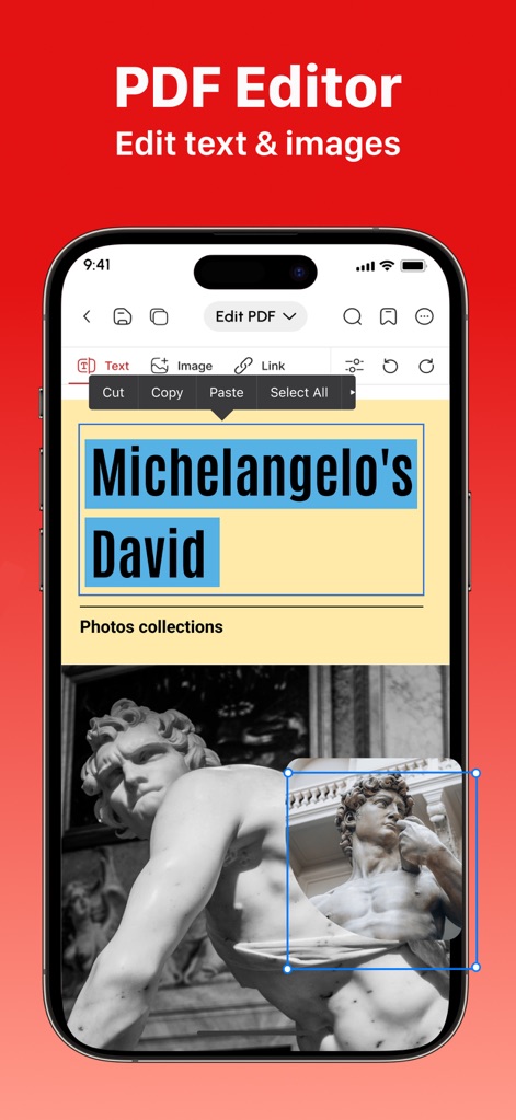 PDF Editor: Read, Scan & Sign - Users gain precise control over PDF elements, as demonstrated by the ability to resize images such as "Michelangelo's David" and directly edit accompanying text for seamless document refinement.