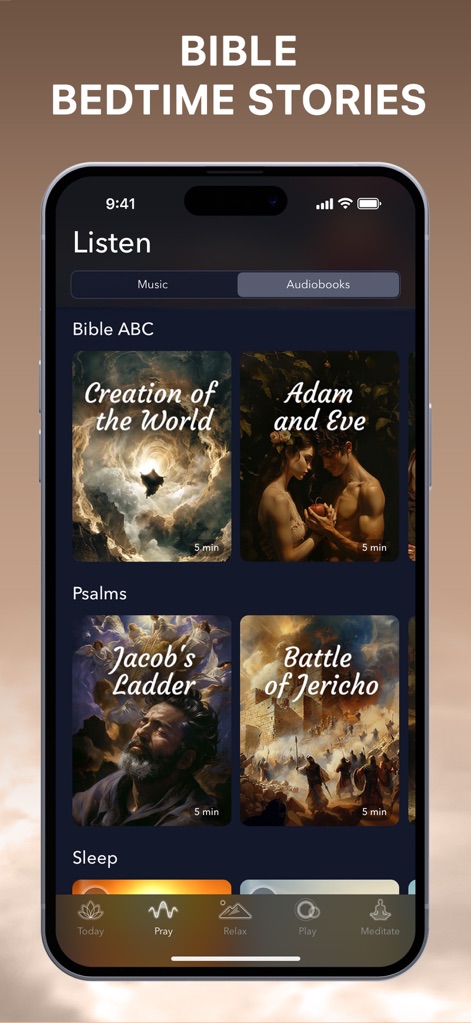 BlessedPath: Stress Relief - Explore the rich library of audio Bible stories, offering calming narratives like "Creation of the World" and inspiring tales such as "Battle of Jericho" to soothe the spirit before sleep.