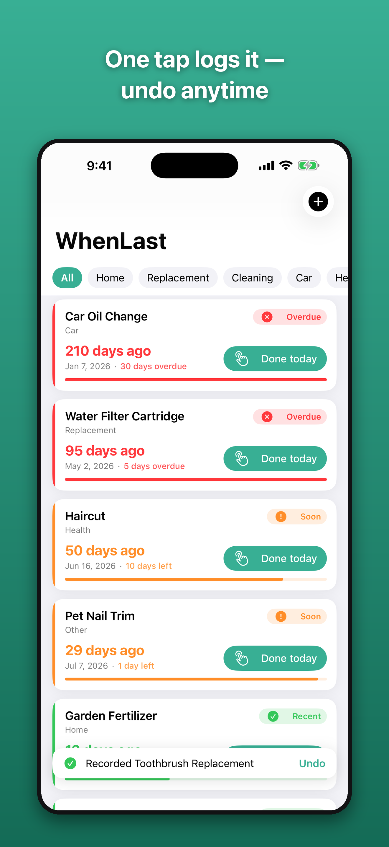 WhenLast – Chore & Care Log screenshot 2