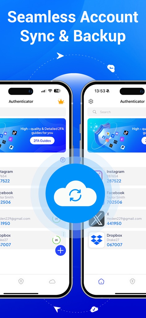 Authenticator App | 2FA Auth - 이 앱은 여러 기기 간의 계정 목록 동기화를 통해 사용자가 어디서든 계정에 접근할 수 있도록 지원하며, 중앙의 클라우드 백업 아이콘은 중요한 인증 정보를 안전하게 보관함을 보여줍니다.