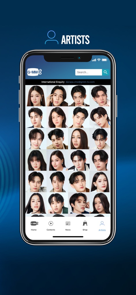 GMMTV - Connect with fan-favorite GMMTV artists through a vibrant grid of artist photos and direct international enquiry contact details.