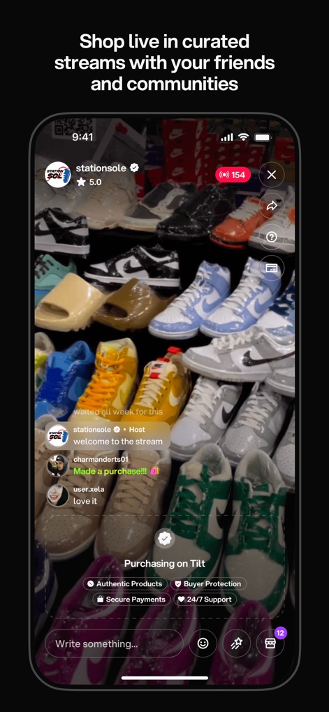 Tilt: Shop Live Deals - Gli utenti possono acquistare prodotti in streaming dal vivo, interagendo con venditori e altri membri della community. La schermata mostra un'ampia selezione di sneakers esclusive e una chat dal vivo dove si possono fare domande o commentare.