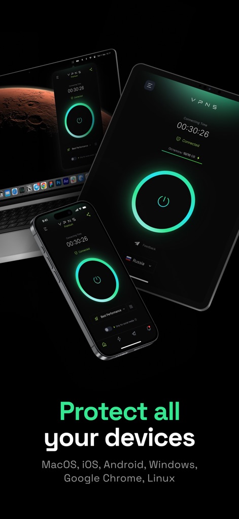 VPN Satoshi: Turbo Express Vpn - This visual demonstrates the app's cross-platform compatibility, allowing users to secure internet access across multiple devices like phones and laptops with a single account.