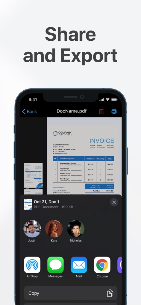PDF Scanner: App for Documents - Gli utenti possono condividere facilmente i documenti digitalizzati con opzioni di esportazione avanzate, come mostrato dalla preview della fattura in formato PDF e le varie icone di condivisione tra cui 'Mail' e 'Messages'.
