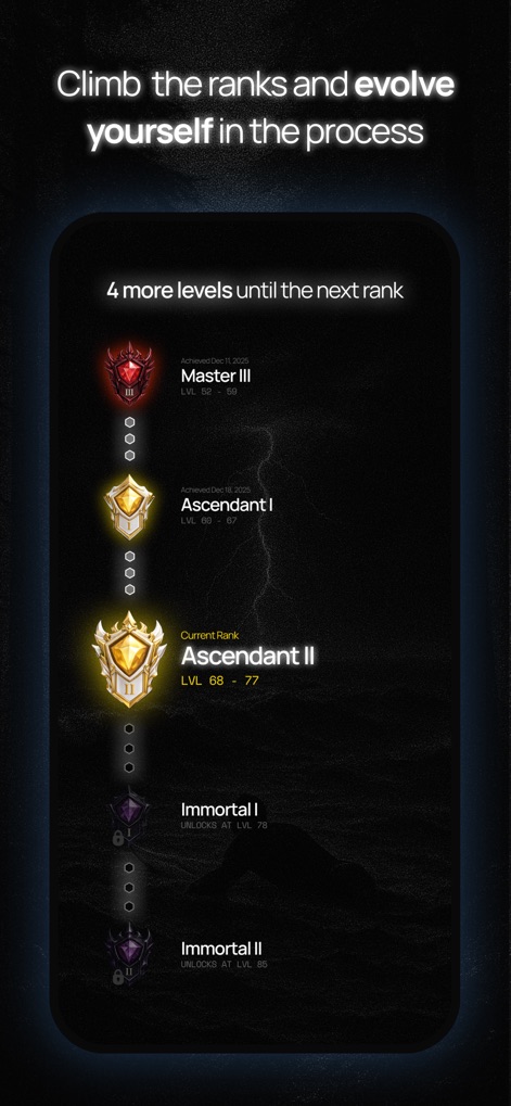 DAWG - Discipline & Motivation - This screen illustrates the app's aspirational ranking system, allowing users to visualize their journey through tiers like 'Ascendant II' and 'Master III'.
