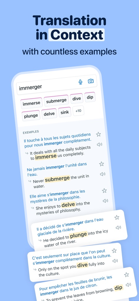Reverso translate and learn - A tela ilustra a funcionalidade de "tradução em contexto" para a palavra "immerger", exibindo múltiplos exemplos em frases. Os "botões com sinônimos" como "submerge" e "dive" enriquecem a compreensão lexical do usuário.