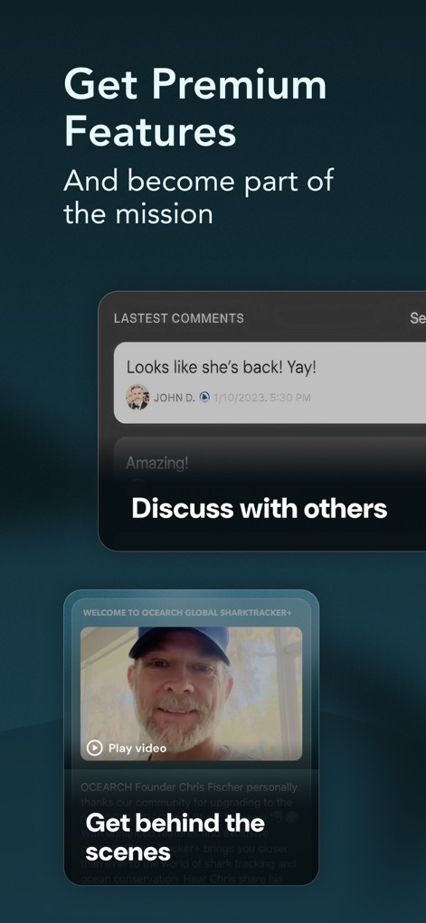 OCEARCH Shark Tracker™ - Le funzionalità premium offrono agli abbonati l'opportunità di interagire con la community tramite la sezione 'Latest Comments' e di accedere a contenuti esclusivi 'Behind-The-Scenes' con il fondatore di OCEARCH.