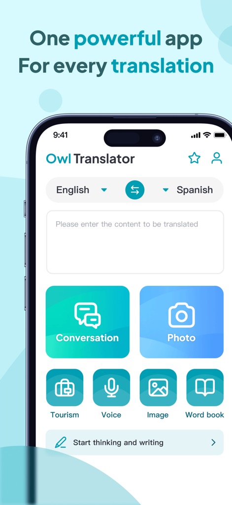 Owl Translator - A interface principal exibe a seleção de idiomas (Inglês para Espanhol) e os botões de acesso rápido para as funcionalidades de "Conversação" e "Foto", garantindo uma experiência de usuário eficiente.