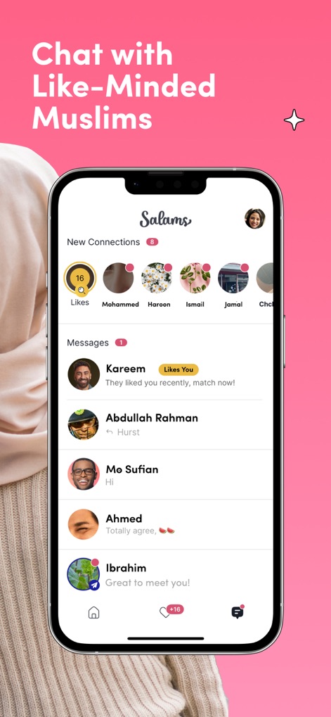 Salams: Halal Muslim Marriage - La plateforme offre une interface de chat intuitive, où les nouvelles connexions et le nombre de "J'aime" reçus sont clairement visibles pour faciliter les échanges.