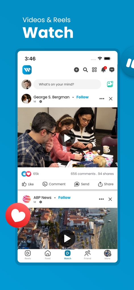 WN Social (Worldnoor) - This platform highlights a dedicated "Watch" section where users can consume various videos and reels, easily engaging through "Like" and "Comment" interactions.