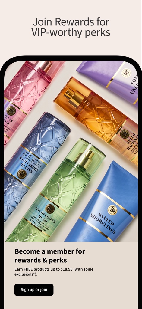 Bath & Body Works | B&BW - Zahlreiche farbenfrohe Produkte sind zu sehen, während die App gleichzeitig die attraktiven Treueprogramm-Anreize für Mitglieder bewirbt.