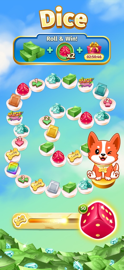 Bingo Bling™  Win Real Cash - This engaging "Dice" game features a charming dog mascot guiding players along a board path filled with various cash and gem prizes.