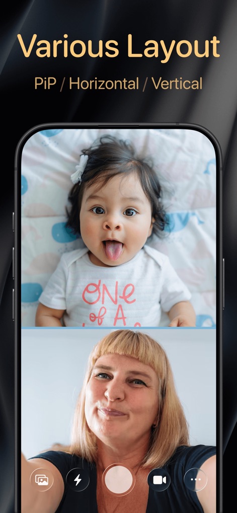 2Camera DualShot Recorder Cam - Los usuarios pueden elegir entre múltiples diseños, como la división vertical mostrada con una toma de un bebé en la parte superior y un adulto en la inferior, ofreciendo flexibilidad en la composición.