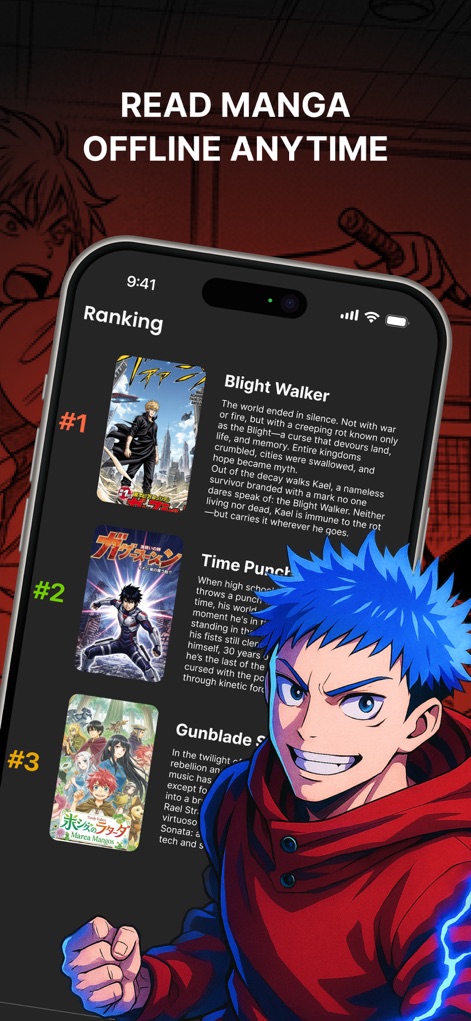 Manga Reader Infinity - La pantalla muestra el "ranking" de títulos con sus portadas y la confirmación visual de la "lectura offline" disponible.