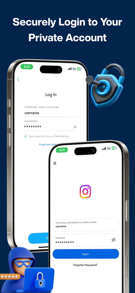 Dual Space : Parallel Accounts - The app ensures secure access to private accounts, featuring standard username and password fields and visual cues of security like the prominent padlock with a key.