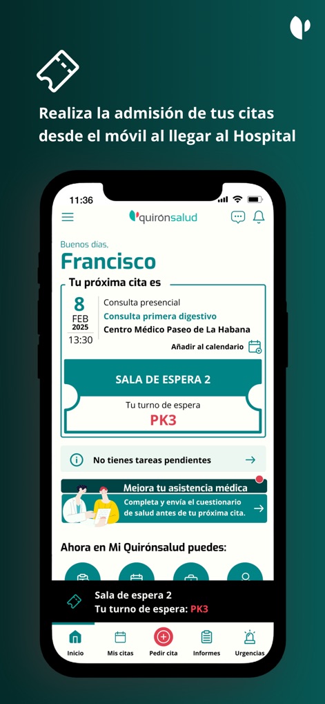 Quirónsalud - Esta tela ilustra o processo de admissão simplificado, mostrando a informação da sala de espera ('Sala de espera 2') e o número do turno ('PK3'), permitindo aos usuários realizar o check-in diretamente pelo celular.
