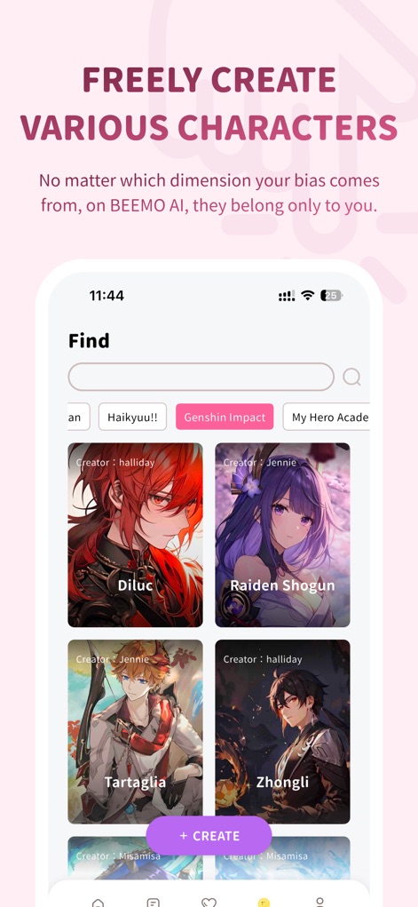 BIMOBIMO - Explore the diverse character browsing grid and powerful creation tools that allow users to discover or design their ideal virtual companions from any fandom.