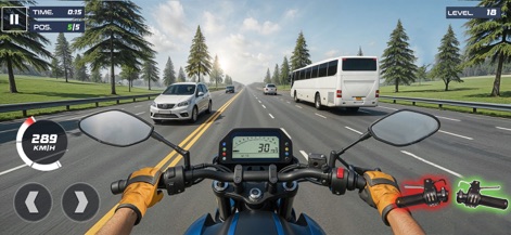 Rider 3D Racing Bike Games - Uma vista de primeira pessoa captura a experiência de pilotar em uma estrada de seis pistas arborizada, com um painel de instrumentos digital exibindo a velocidade atual.