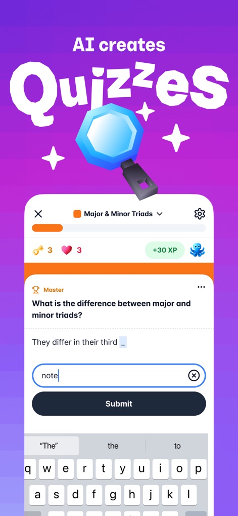 Gizmo: AI Tutor - La aplicación genera cuestionarios interactivos, como la pregunta sobre las 'tríadas mayores y menores', donde los usuarios pueden ingresar sus respuestas en un campo de texto y acumular 'XP'.