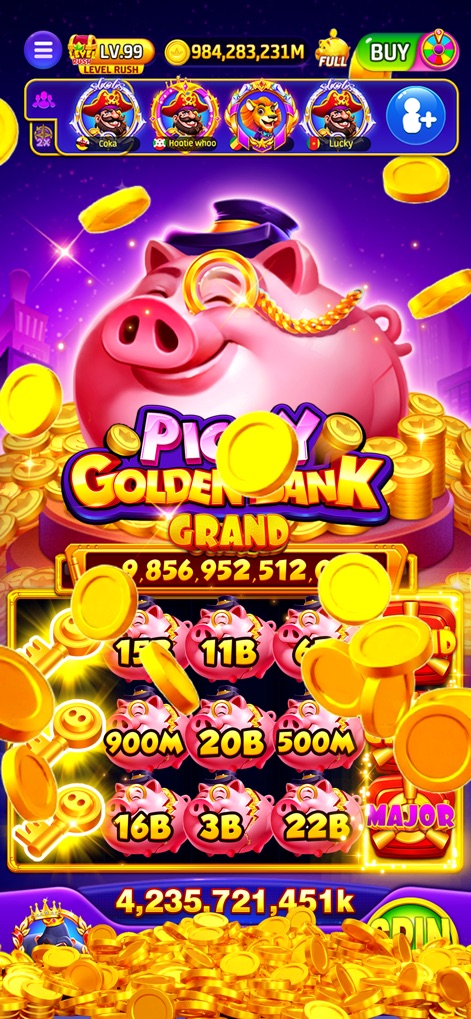 Jackpot Dreams - Slots Casino - Discover the animated Piggy Golden Bank character and the showering gold coins that signify big wins in this vibrant slot theme.