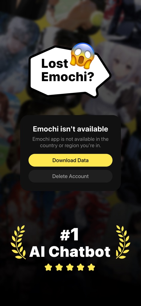 Dootchi: Emochi Alternative - This screen demonstrates the app's seamless transition options, featuring the 'Download Data' button for continuity and its bold claim as the '#1 AI Chatbot' alternative.