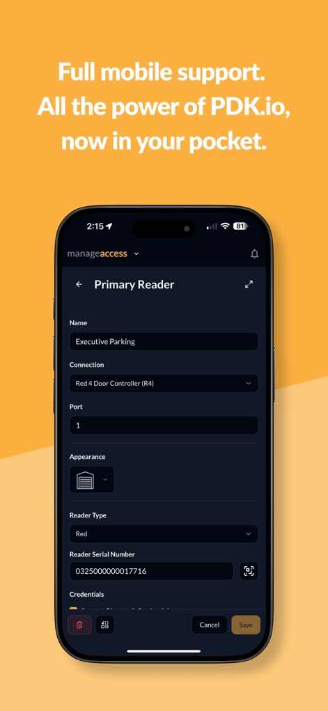 PDK Access by ProdataKey - 사용자는 '리더기 구성 설정'을 통해 리더의 이름과 연결 포트를 맞춤 설정할 수 있으며, 변경된 사항은 '저장' 버튼을 통해 즉시 적용됩니다.