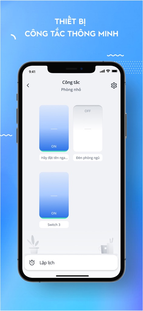 ONE Home - The app presents intuitive graphical toggles for smart switches, enabling users to control devices like "Đèn phòng ngủ" and configure automated "Lập lịch" for convenience.