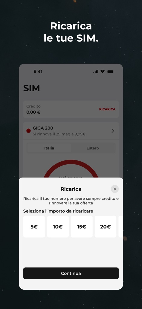 iliad - Users can conveniently recharge their SIMs through a straightforward pop-up menu presenting various credit denominations and a prominent 'Continue' button for confirmation.