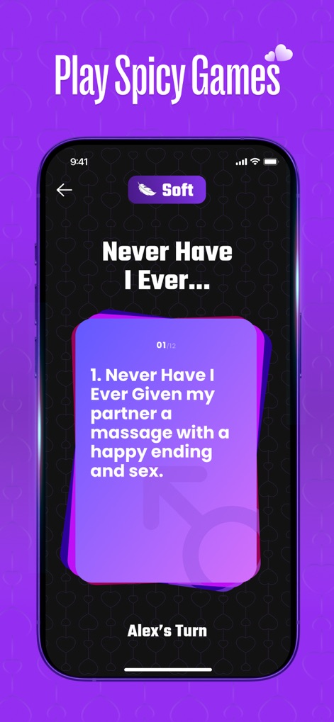 the2: Scratch Adventure - Gli utenti possono cimentarsi in giochi piccanti come "Never Have I Ever", con sfide presentate su carte digitali e l'opzione di selezionare il livello di intensità, come evidenziato dall'impostazione "Soft".