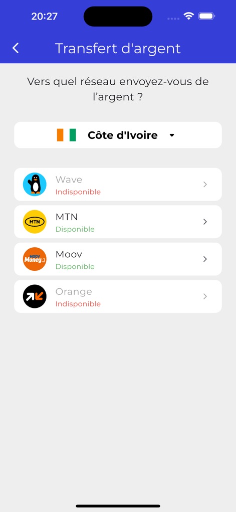 WalliSend - This screen showcases the intuitive selection of mobile money operators and their availability status, paired with a country flag for easy regional identification.