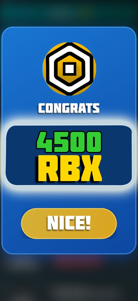 RBX Winner Quiz - The app showcases a triumphant 'CONGRATS' message and a generous '4500 RBX' reward display, motivating users after a successful milestone.