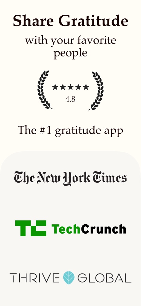 Gratitude Plus – Journal - The app highlights its strong user endorsement with a 4.8-star rating and showcases its media recognition through logos such as The New York Times and TechCrunch.