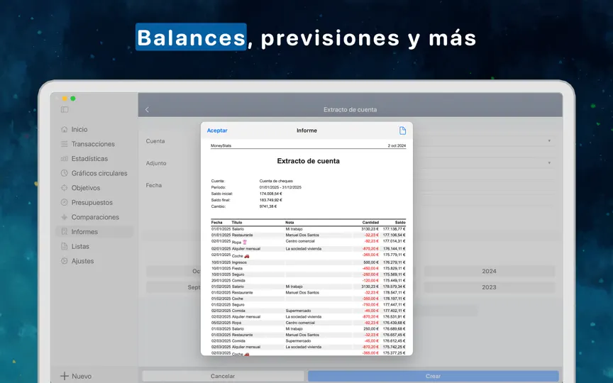 Captura de pantalla de Finanzas Personales MoneyStats en iPhone 8