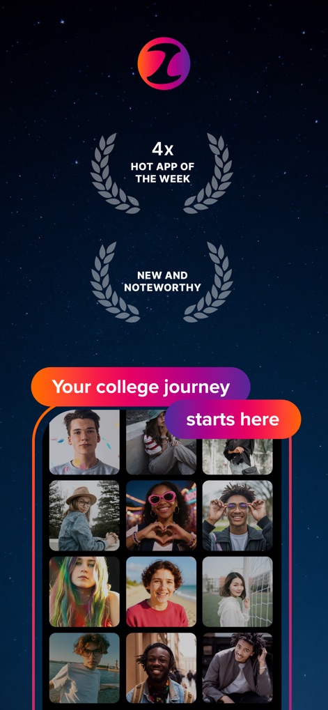 ZeeMee: Meet College Friends - This app welcomes users with an engaging "Your college journey starts here" banner and showcases a diverse grid of student profiles, highlighting its vibrant community.