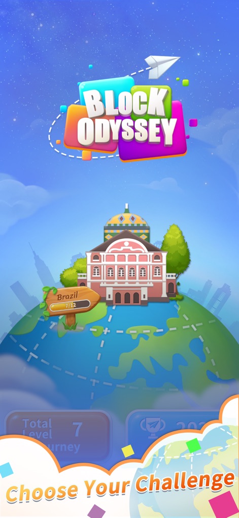 Block Odyssey - Explore the app's engaging global map interface and monitor your total level progression on your journey.