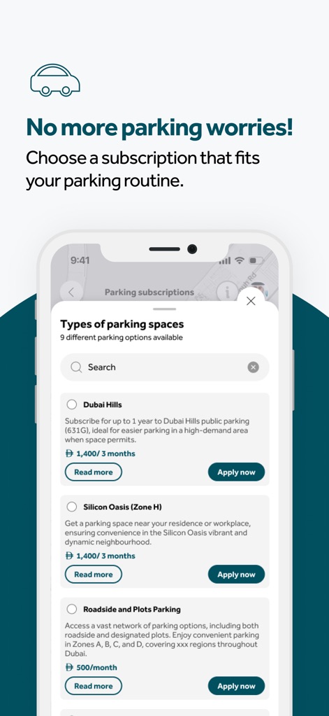Parkin - La aplicación presenta una lista de opciones de suscripción de estacionamiento como "Dubai Hills" y "Silicon Oasis". Los usuarios tienen la opción de buscar y aplicar a diferentes planes de suscripción mensual o trimestral.