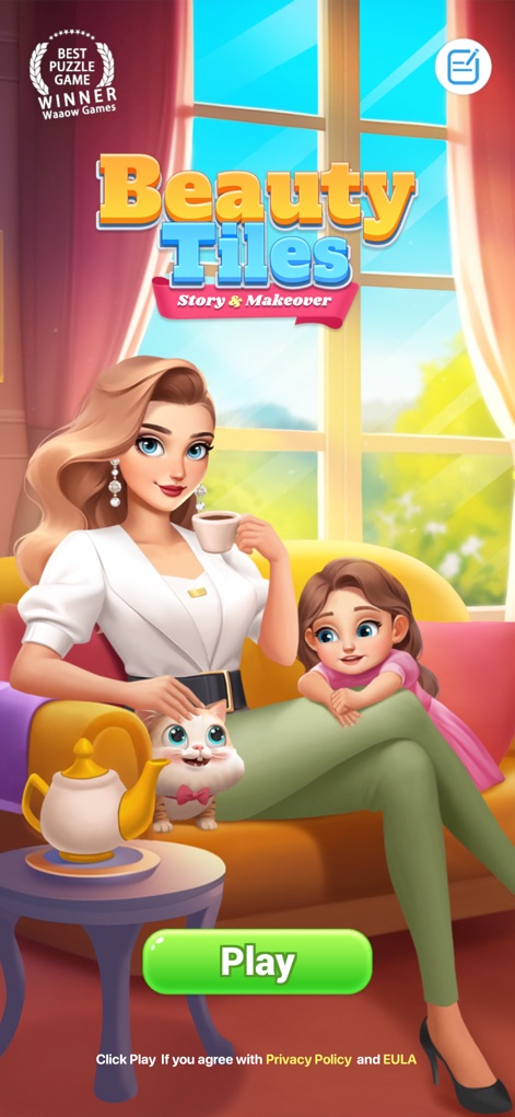 Beauty Tiles: Story & Makeover - La pantalla de inicio de la aplicación presenta la aspiración de una vida mejor, con una mujer elegante y una niña feliz en un salón luminoso, y el distintivo "Best Puzzle Game Winner".