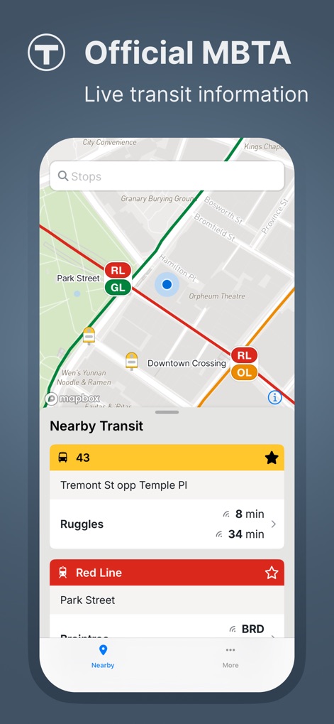 MBTA Go — Official - L'app offre agli utenti una mappa interattiva che visualizza linee e fermate vicine, mostrando gli orari di arrivo stimati nella sezione "Nearby Transit".