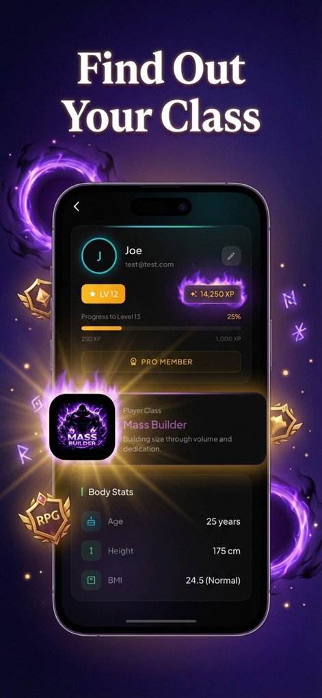 GymLevels: Ranked Gym Workouts - View the personalized player profile, featuring the assigned 'Player Class' like 'Mass Builder' and essential 'Body Stats'.