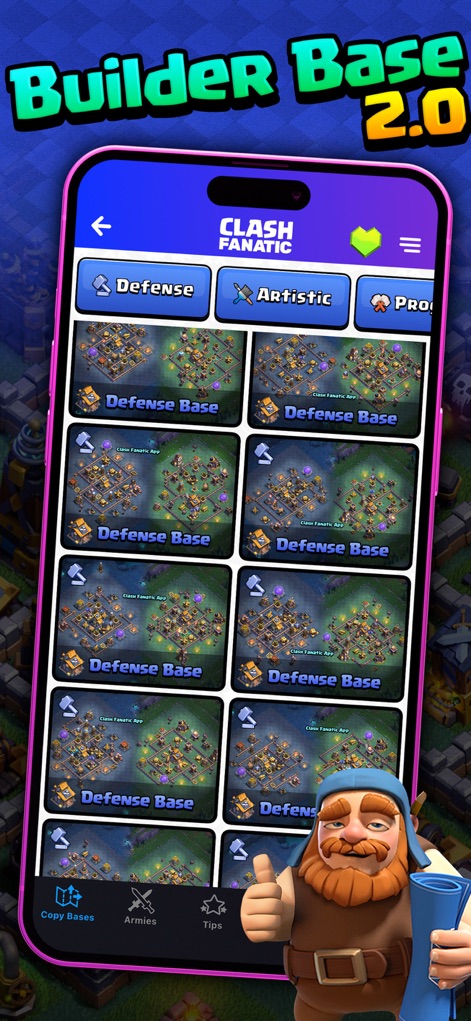 CoC Fanatic for Clash of Clans - Foco na Builder Base 2.0, esta tela exibe múltiplos layouts de 'Defense Base' para fortificar a vila, com o personagem do Mestre Construtor e a aba 'Defense' em destaque.