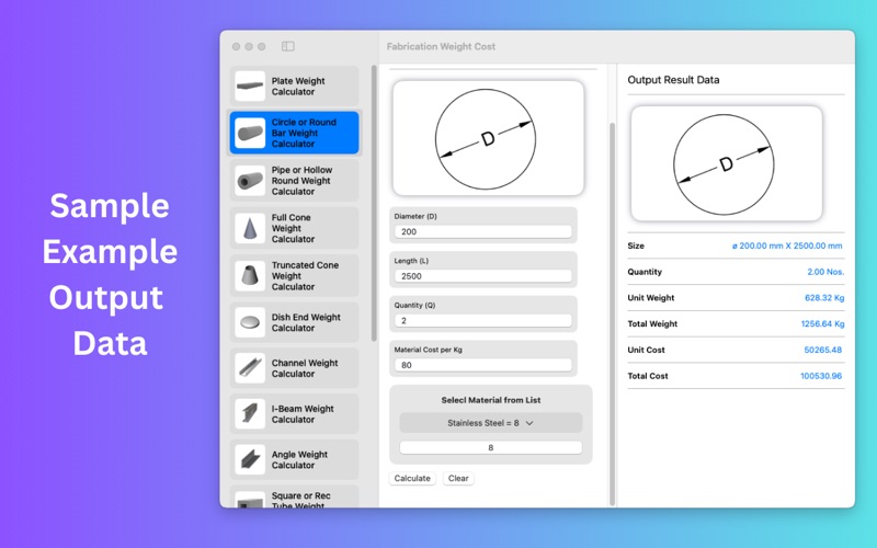 Fabrication Weight Cost Calc screenshot